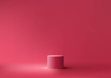 Asgari duvar sahnesi kırmızı arka planda 3D gerçekçi kırmızı podyum. Güzellik kozmetik reklamları için ürün sergisi, taklit ürün sergisi, iş sunumu, sergi salonu, vs. Vektör illüstrasyonu