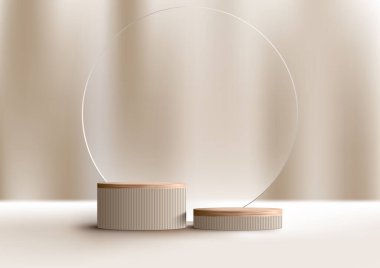 3 boyutlu gerçekçi tahta yüzey podyum platformu bej arka planda şeffaf cam minimum duvar sahnesi ile. Güzellik kozmetik, sergi salonu, vitrin, sunum vs. için ürün sergisi modeli. Vektör illüstrasyonu