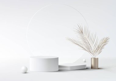 Şeffaf cam daire dekorasyonu beyaz toplar ve temiz arka planda altın vazo palmiyesi yapraklarıyla 3D gerçekçi, beyaz kürsü. Kozmetik, sergi salonu, vitrin, sunum vesaire için ürün sergisi. Vektör illüstrati