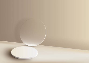 3D gerçekçi beyaz podyum platformu bej arka planda şeffaf cam minimum duvar sahnesi ile. Spa ve güzellik için ekran, kozmetik ürün sunumu, sahne, kozmetik ürün gösterimi. Vektör illüstrasyonu
