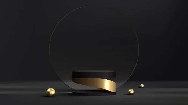 Realistischer Moderner Luxuriöser Schwarzer Zylinderpodestständer Und Goldene Spirale Mit Transparentem — Stockvektor