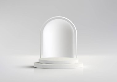 Beyaz ve gri arka planda geometrik yuvarlak çizgi arkaplanı olan 3D gerçekçi modern lüks tarzı beyaz podyum platformu. Güzellik kozmetik sunumu, vitrin modeli, sergi salonu, ürün standı tanıtımı vs. için kullanabilirsiniz. Vektör illüstrasyonu