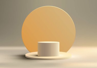 3D gerçekçi modern tarz boş beyaz podyum platformu. Asgari duvar manzarası arka planı ve doğal ışığı olan sarı daire arkaplan. Güzellik kozmetik sunumu, vitrin modeli, sergi salonu, ürün standı tanıtımı vs. için kullanabilirsiniz. Vektör nefreti