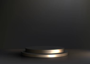 3D gerçekçi modern lüks stil altın renkli siyah silindir podyum minimum duvar sahnesi koyu arkaplan. Güzellik kozmetik sunumu, vitrin modeli, sergi salonu, ürün standı tanıtımı vs. için kullanabilirsiniz. Vektör illüstrasyonu