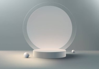 3D gerçekçi modern tarz, beyaz top ve mavi zemin üzerinde şeffaf cam zemin ile beyaz podyum dekorasyonu. Güzellik kozmetik sunumu, vitrin modeli, sergi salonu, ürün standı tanıtımı vs. için kullanabilirsiniz.. 