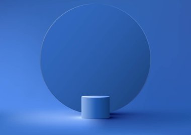 3D gerçekçi mavi podyum sehpası, asgari duvar sahnesi mavi arka planda daire şeklinde. Güzellik kozmetik reklamları için ürün sergisi, taklit ürün sergisi, iş sunumu, sergi salonu, vs. Vektör illüstrasyonu