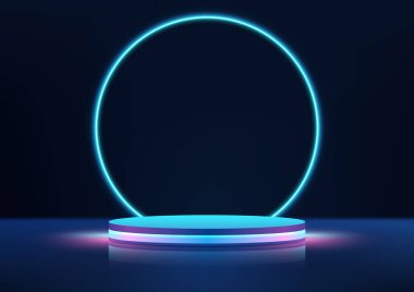 3D gerçekçi boş mavi ve pembe neon renkli podyum. Siyah arka plan teknolojisi tarzında parlayan mavi ışıklı daireler. Pankart, sergi salonu, vitrin, sunum vs. için ürün sergisi. Vektör illüstrasyonu