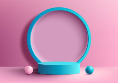 Pembe arka plan ve doğal ışıklandırma ile mavi daire dekorasyonlu 3D gerçekçi modern tarz boş mavi podyum standı. Güzellik kozmetik sunumu, vitrin modeli, sergi salonu, ürün standı tanıtımı vs. için kullanabilirsiniz. Vektör i