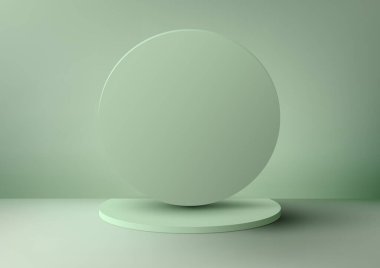 3D gerçekçi boş yeşil podyum sehpası asgari duvar sahnesi yeşil arka planında daire şeklinde. Güzellik kozmetik reklamları için ürün sergisi, taklit ürün sergisi, iş sunumu, sergi salonu, vs. Vektör illüstrasyonu