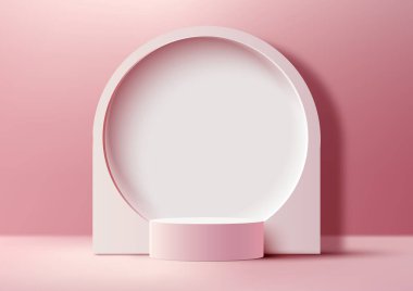Pembe arka plan ve doğal ışıklandırma üzerinde pembe daire arkaplanı olan üç boyutlu gerçekçi modern tarz boş pembe kürsü. Güzellik kozmetik sunumu, vitrin modeli, sergi salonu, ürün standı tanıtımı vs. için kullanabilirsiniz. Vektör illüstrasyonu