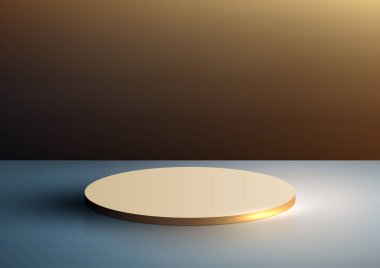 3D gerçekçi stüdyo odası. Lükse yakın stil. Parlak metalik kürsü. Güzellik kozmetik, sergi salonu, vitrin, sunum vesaire için ürün sergisi. Vektör illüstrasyonu