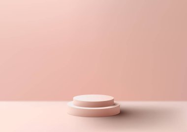 3D gerçekçi, boş, açık pembe renkli podyum temiz arka planda en az duvar sahnesi duruyor. Güzellik kozmetik sunumu, vitrin modeli, sergi salonu, ürün standı tanıtımı vs. için kullanabilirsiniz. Vektör illüstrasyonu