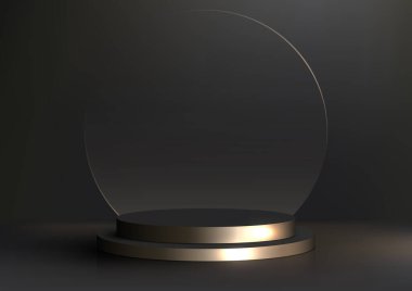 3D gerçekçi modern lüks stil siyah silindir podyum platformu şeffaf cam daire arkaplan üzerinde koyu arkaplan. Güzellik kozmetik sunumu, vitrin modeli, sergi salonu, ürün standı tanıtımı vs. için kullanabilirsiniz. Vektör illu