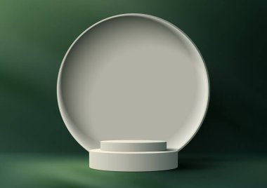 Yeşil arka plan ve doğal ışıklandırma üzerine beyaz daire arkaplanı olan 3D gerçekçi lüks beyaz podyum platformu. Güzellik kozmetik sunumu, vitrin modeli, sergi salonu, ürün standı tanıtımı vs. için kullanabilirsiniz. Vektör illüstrasyonu