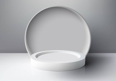3D gerçekçi modelleme ekranı boş beyaz podyum platformunu en az duvar sahnesi gri arkaplan ve doğal ışık üzerinde beyaz daire arkaplanı ile göstermektedir. Güzellik kozmetik sunumu, vitrin, sergi salonu, ürün standı promosyonu vesaire için kullanabilirsiniz. Vektör