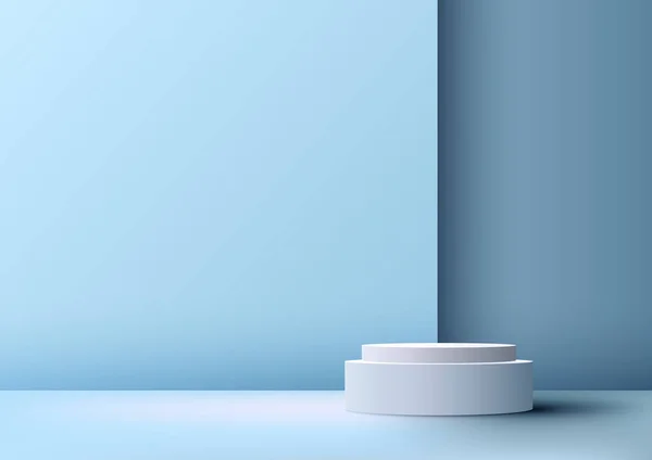3D逼真空旷的白色讲台平台站在蓝色背景的最小的墙壁场景与自然光 化妆品 陈列室 陈列柜 陈列柜等的产品展示模型 矢量说明 — 图库矢量图片