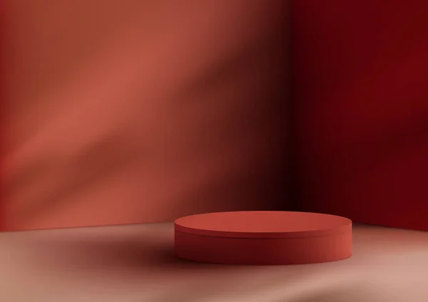 3D逼真空旷的红色讲台站在最低限度的墙壁场景上 红色背景 自然光 化妆品 陈列室 陈列柜 陈列柜等的产品展示模型 矢量说明 — 图库矢量图片