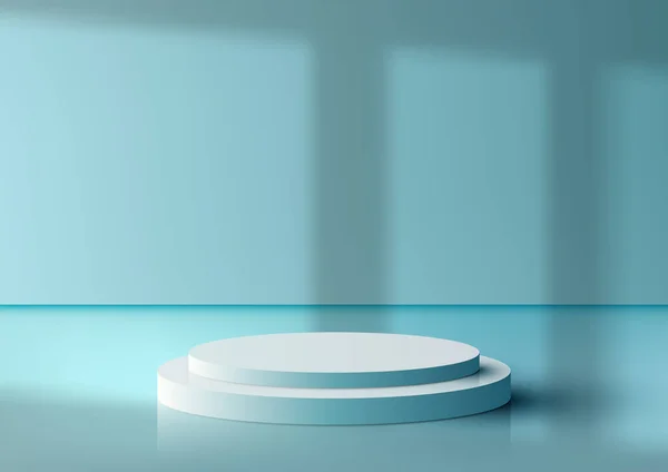 Realistické Bílé Pódium Stojí Světle Modrém Pozadí Oknem Osvětlení Produktový — Stockový vektor