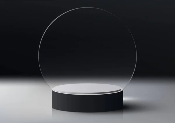 Realistic Empty Black White Podium Platform Circle Transparent Glass Backdrop — Stock Vector