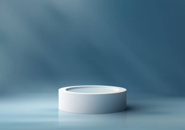 3D gerçekçi tasarım, mavi arka plan ve doğal ışıkta boş beyaz podyum ekranını gösteriyor. Güzellik kozmetik sunumu, vitrin, sergi salonu, ürün standı promosyonu vesaire için kullanabilirsiniz. Vektör illüstrasyonu