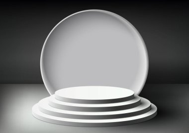 3D gerçekçi, boş, beyaz podyum platformu basamaklı, siyah zemin üzerinde beyaz daire arkaplanı olan bir basamak. Güzellik kozmetik sunumu, vitrin modeli, sergi salonu, ürün standı tanıtımı vs. için kullanabilirsiniz. Vektör illüstrasyonu