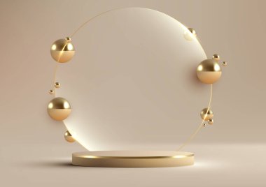 3D gerçekçi, lüks, altın podyum platformu şeffaf cam daire arka plan süslemesi bej arka planda altın toplar. Güzellik kozmetik sunumu, vitrin modeli, sergi salonu, ürün standı tanıtımı vs. için kullanabilirsiniz. Vektör illüstratı