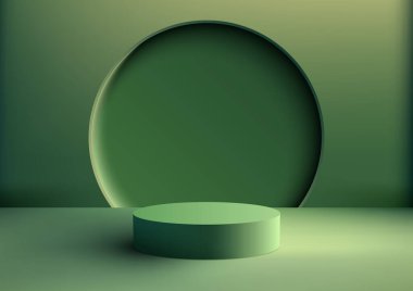 Yeşil arka plan ve doğal ışıklandırma üzerinde daire arkaplanı olan üç boyutlu gerçekçi, minimal, boş yeşil podyum standı. Güzellik kozmetik sunumu, vitrin modeli, sergi salonu, ürün standı tanıtımı vs. için kullanabilirsiniz. Vektör illüstrasyonu