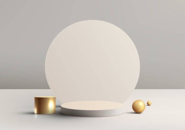 3D gerçekçi lüks bej ve altın podyum platformu. Beyaz arka planda altın toplar var. Güzellik kozmetik sunumu, vitrin modeli, sergi salonu, ürün standı tanıtımı vs. için kullanabilirsiniz. Vektör illüstrasyonu