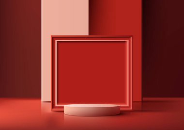 Kırmızı arka plan ve doğal ışıklandırma üzerinde kırmızı kare geometrik çerçeve ile 3D gerçekçi modern lüks podyum platformu. Güzellik kozmetik sunumu, vitrin modeli, sergi salonu, ürün standı tanıtımı vs. için kullanabilirsiniz. Vect
