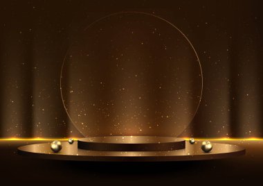 3D gerçekçi sahne ödül töreni altın podyum platformu şeffaf cam daire dekorasyonu ışıklandırılmış sahne ışıkları ve siyah arka planda parıldayan altın toplar. Kozmetik, sergi salonu, vitrin, sunum vesaire için ürün sergisi. Vektör 