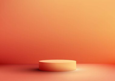 3D gerçekçi model, arka planda ve doğal ışıkta boş kırmızı ve sarı podyum platformunu gösteriyor. Güzellik kozmetik sunumu, vitrin, sergi salonu, ürün standı promosyonu vesaire için kullanabilirsiniz. Vektör illüstrasyonu