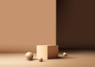 3D gerçekçi, boş bej renkli podyum. Geometrik dikdörtgen arka plan dekorasyonlu. Kahverengi arka plan ve doğal ışık topları. Güzellik kozmetik sunumu, vitrin modeli, sergi salonu, ürün tanıtımı vs. için kullanabilirsiniz. V