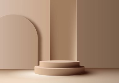 Kahverengi arka plan ve doğal ışık üzerinde geometrik dikdörtgen arkaplan ile 3D gerçekçi, boş bej renkli podyum standı. Güzellik kozmetik sunumu, vitrin modeli, sergi salonu, ürün standı tanıtımı vs. için kullanabilirsiniz. Vektör illüstrati