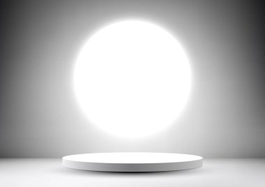 Gri arka planda parlayan parlak halka ışıklandırma arkaplanı olan 3D gerçekçi, minimal, boş beyaz podyum. Güzellik kozmetik sunumu, vitrin modeli, sergi salonu, ürün standı tanıtımı vs. için kullanabilirsiniz. Vektör illüstrasyonu