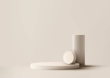 Açık kahverengi arka planda geometrik elementlerle ve doğal ışıklandırma tarzıyla üç boyutlu gerçekçi boş bej podyum standı. Güzellik kozmetik sunumu, vitrin modeli, sergi salonu, ürün standı tanıtımı vs. için kullanabilirsiniz. Vektör illüstrasyonu