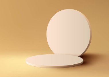 3 boyutlu gerçekçi boş bej podyum platformu, sarı arka planda doğal ışık ile daire şeklinde duruyor. Güzellik kozmetik, sergi salonu, vitrin, sunum vs. için ürün sergisi modeli. Vektör illüstrasyonu