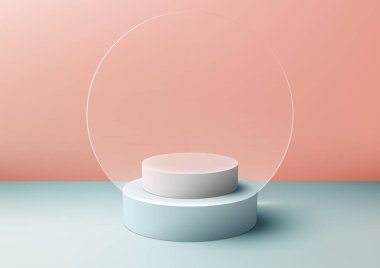 3D gerçekçi mavi podyum sehpası şeffaf cam zemin ve pembe zemin üzerinde doğal ışık. Güzellik kozmetik reklamları için ürün sergisi, taklit ürün sergisi, iş sunumu, sergi salonu, vs. Vektör illüstrasyonu
