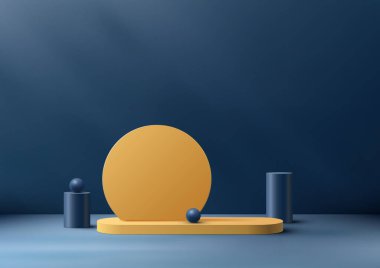 Mavi arkaplan ve doğal ışıklandırmada mavi geometrik elementlerle daire dekorasyonlu üç boyutlu gerçekçi boş sarı podyum standı. Güzellik kozmetik sunumu, vitrin modeli, sergi salonu, ürün standı tanıtımı vs. için kullanabilirsiniz. Vektör