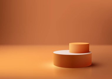 3D gerçekçi model, arka planda ve doğal ışıkta boş turuncu ve beyaz podyum platformunu gösteriyor. Güzellik kozmetik sunumu, vitrin, sergi salonu, ürün standı promosyonu vesaire için kullanabilirsiniz. Vektör illüstrasyonu