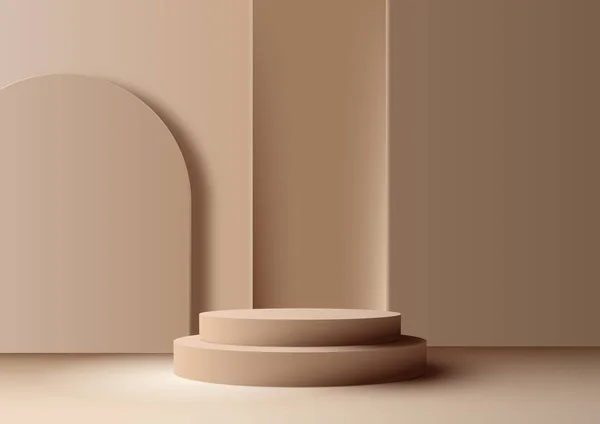 Kahverengi arka plan ve doğal ışık üzerinde geometrik dikdörtgen arkaplan ile 3D gerçekçi, boş bej renkli podyum standı. Güzellik kozmetik sunumu, vitrin modeli, sergi salonu, ürün standı tanıtımı vs. için kullanabilirsiniz. Vektör illüstrati
