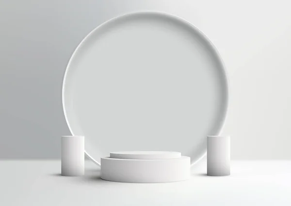 Realistyczny Pusty Biały Stojak Podium Okrągłą Dekoracją Tła Elementami Geometrycznymi — Wektor stockowy