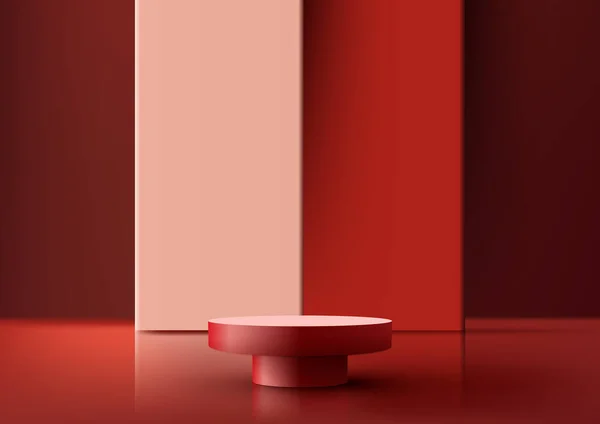 Реалистичный Пустой Красный Подиум Платформы Стол Красным Геометрическим Фоном Красном — стоковый вектор
