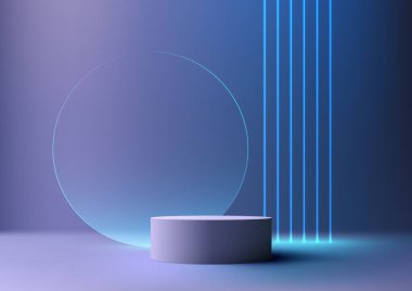 3D gerçekçi modern tarz boş mavi renkli podyum şeffaf cam daire ve mavi neon lazer çizgileri arka planlı. Güzellik kozmetik sunumu, vitrin modeli, sergi salonu, ürün standının tanıtımı, vs. için kullanın. Vektör illüstrasyonu