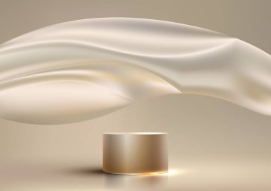 3D gerçekçi boş altın kürsü, temiz arka planda altın rengi ipek kumaş arka planda modern lüks tarzında. Güzellik kozmetik sunumu, vitrin modeli, sergi salonu, ürün standının tanıtımı, vs. için kullanın. Vektör illüstrasyonu