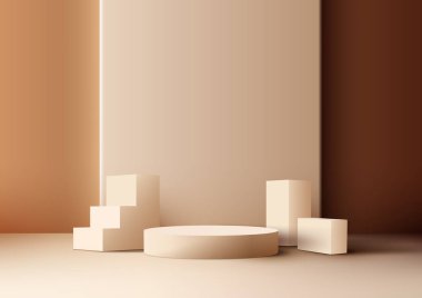 3D gerçekçi stüdyo odası bej renkli podyum standı merdiven basamakları başarı ve kahverengi arka planda geometrik elementler. Güzellik kozmetik, sergi salonu, vitrin, sunum vesaire için ürün sergisi. Vektör illüstrasyonu