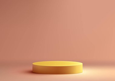 3D gerçekçi, boş, sarı podyum stüdyo odası arka planı minimal tarzda. Güzellik kozmetik sunumu, vitrin modeli, sergi salonu, ürün standının tanıtımı, vs. için kullanın. Vektör illüstrasyonu