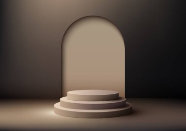 3D gerçekçi bej podyum sehpası giriş kapısı arka planı, koyu arkaplanda en az duvar sahnesi. Spa ve güzellik, kozmetik ürün sunumu, modelleme sahnesi, ürün sergisi. Vektör illüstrasyonu