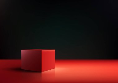 3D gerçekçi kırmızı kutu podyumu siyah zemin üzerinde minimum duvar sahnesi asgari düzeyde duruyor. Güzellik kozmetiği, stüdyo odası, sergi salonu, vitrin, sunum vesaire için ürün sergisi. Vektör illüstrasyonu