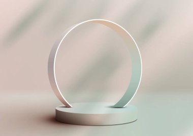 3D gerçekçi bej renkli podyum platformu. Çember çerçeve arka planı, temiz arkaplanda en az duvar sahnesi. Spa ve güzellik için ekran, kozmetik ürün sunumu, sahne, kozmetik ürün gösterimi. Vektör illüstrasyonu