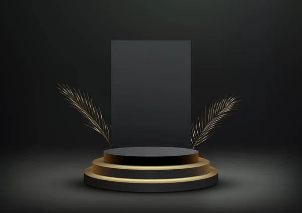 Réaliste Vide Noir Cylindre Podium Stand Avec Rectangle Décor Toile — Image vectorielle